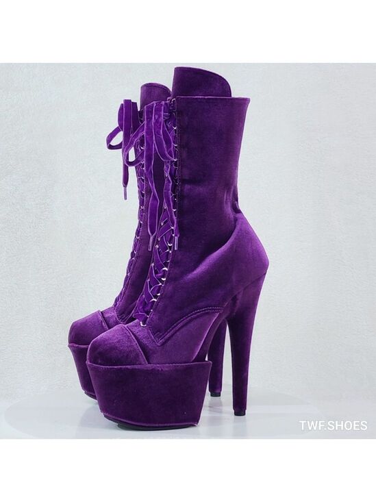 Pleaser Shoes - 1020 Purple Velvet 7" High Heel Platform Ankle Boots With Boot Protectors